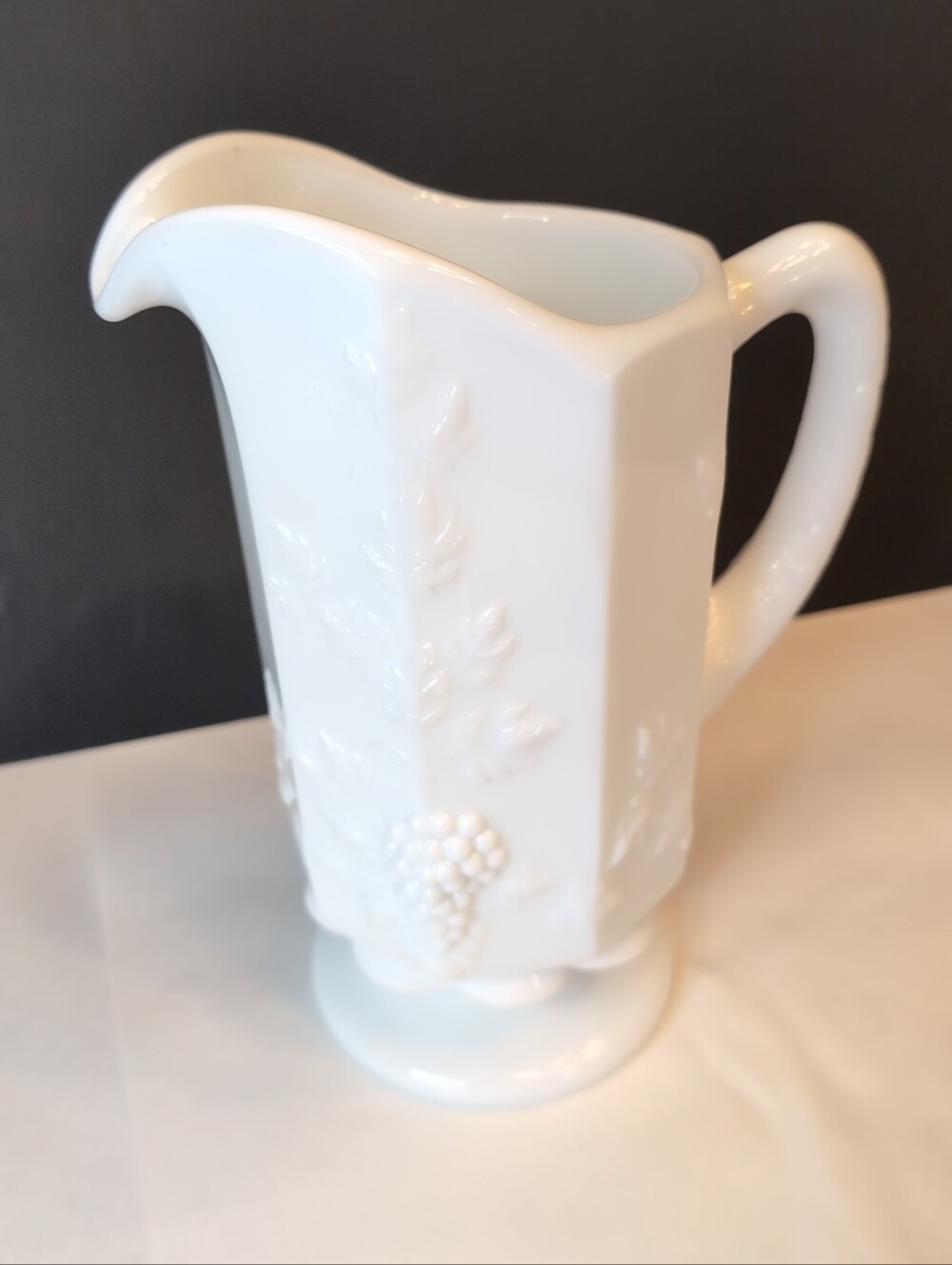 Vintage Westmoreland Paneled Grape Milk Glass 9" Footed Pitcher With Spout